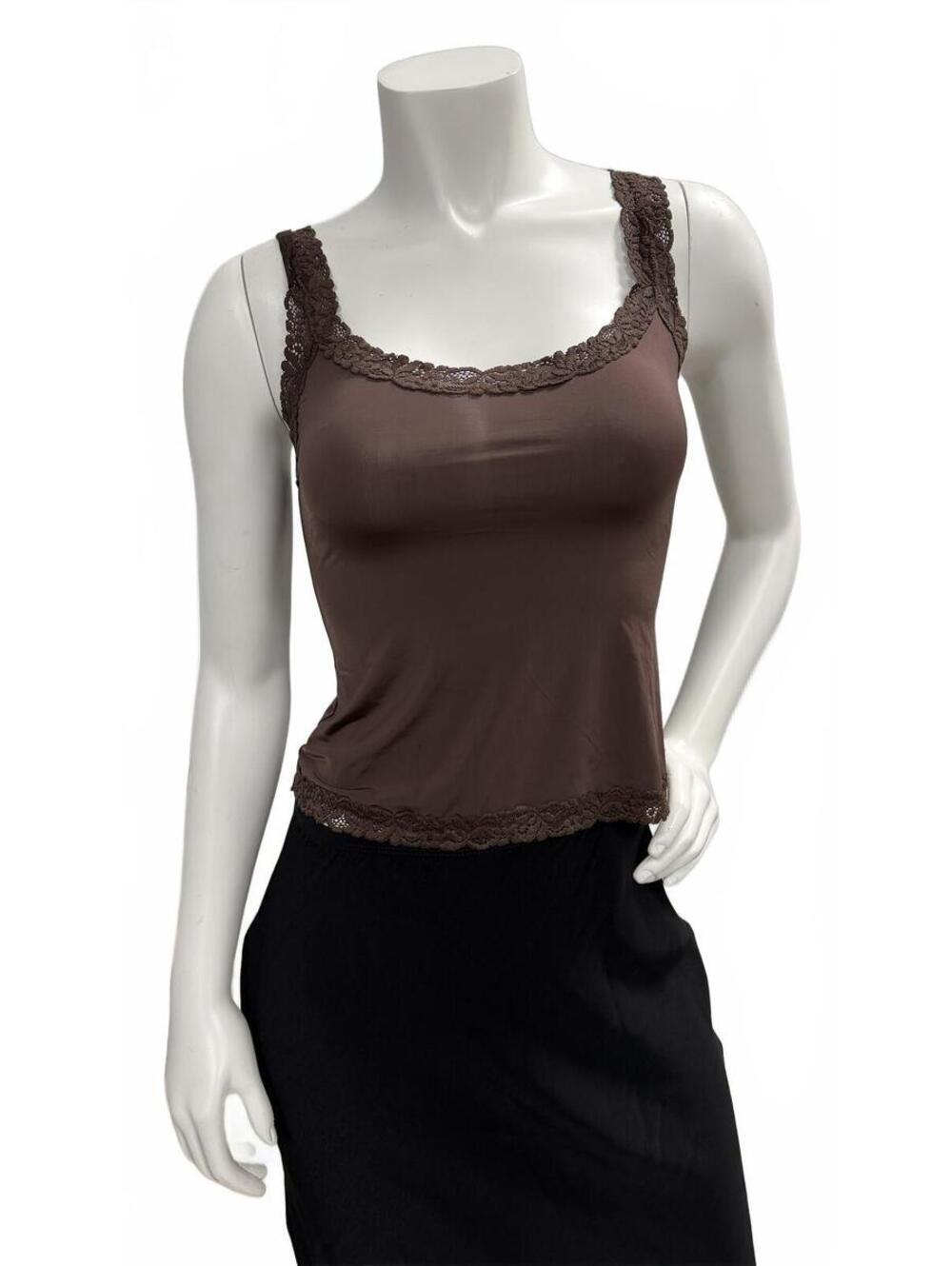 Brown Lace Trim Tank Top Cami Stretch Slim Fit Y2K Basic Size S/M